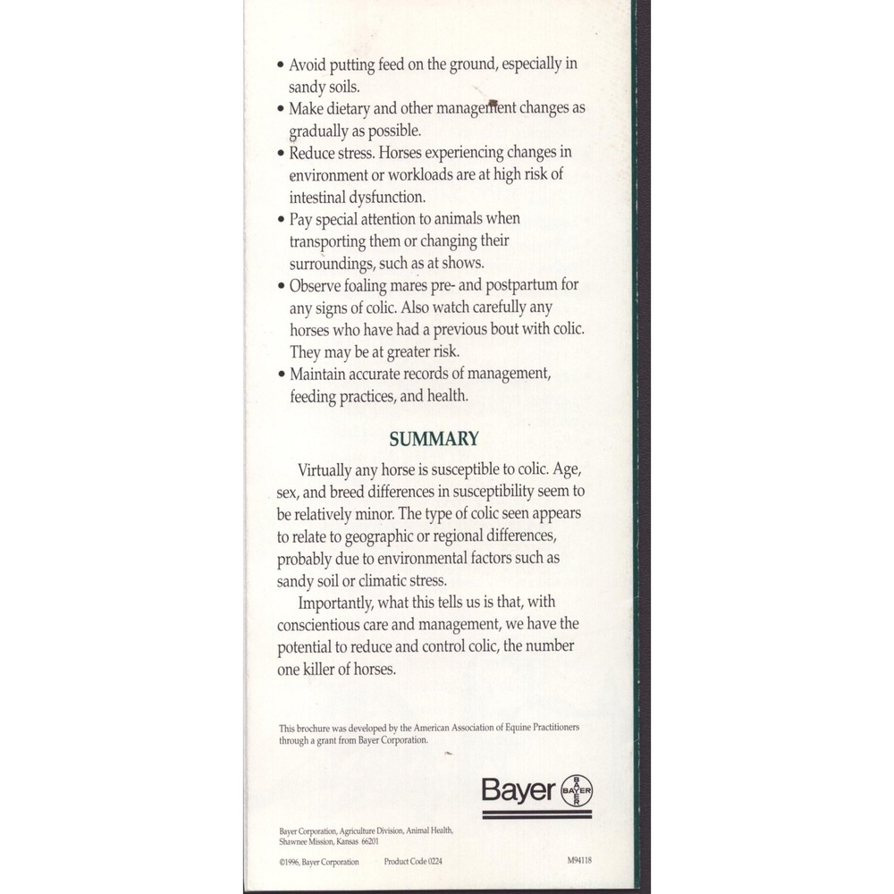 1996 AAEP Bayer Colic Understanding The Equine Digestive Tract Brochure - Picture 2 of 2